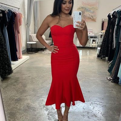 Simple elegant bodycon strapless red satin bridesmaid dresses, wedding guest dresses - Thumbnail 2