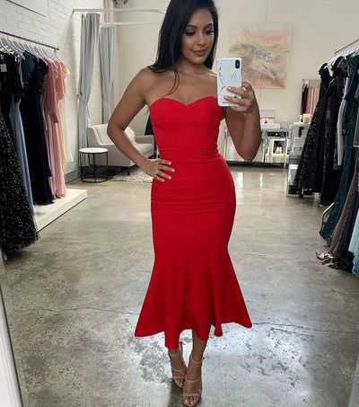 Simple Elegant Bodycon Strapless Red Satin Bridesmaid Dresses, Wedding Guest Dresses