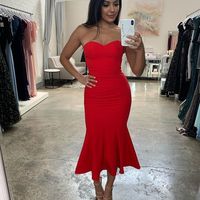 Simple Elegant Bodycon Strapless Red Satin Bridesmaid Dresses, Wedding Guest Dresses - Thumbnail 1