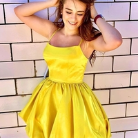 Cute A-Line Scoop Neck Yellow Satin Short Homecoming Dresses Short Prom Evening Dresses - Thumbnail 1