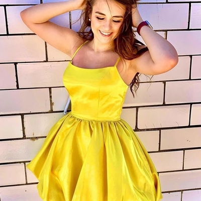 Cute a-line scoop neck yellow satin short homecoming dresses short prom evening dresses - Thumbnail 4
