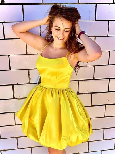 Cute A-Line Scoop Neck Yellow Satin Short Homecoming Dresses Short Prom Evening Dresses
