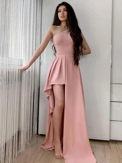 Simple Sheath One Shoulder Pink Long Prom Evening Dresses with Slit