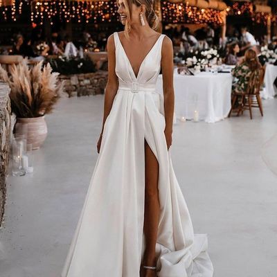Gorgeous fashion v neck satin wedding dresses with split - Thumbnail 2