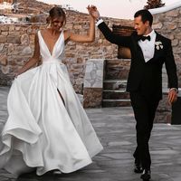 Gorgeous Fashion V Neck Satin Wedding Dresses with Split - Thumbnail 2