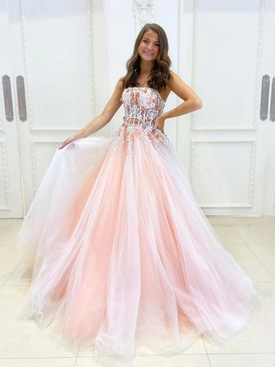 Stylish A-Line Pink Tulle Long Prom Evening Dresses with lace Appliques