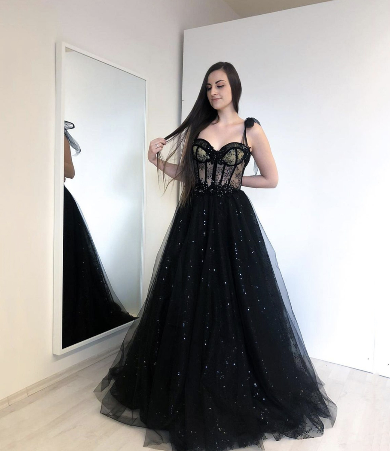 Black tulle long A line prom dress evening dress