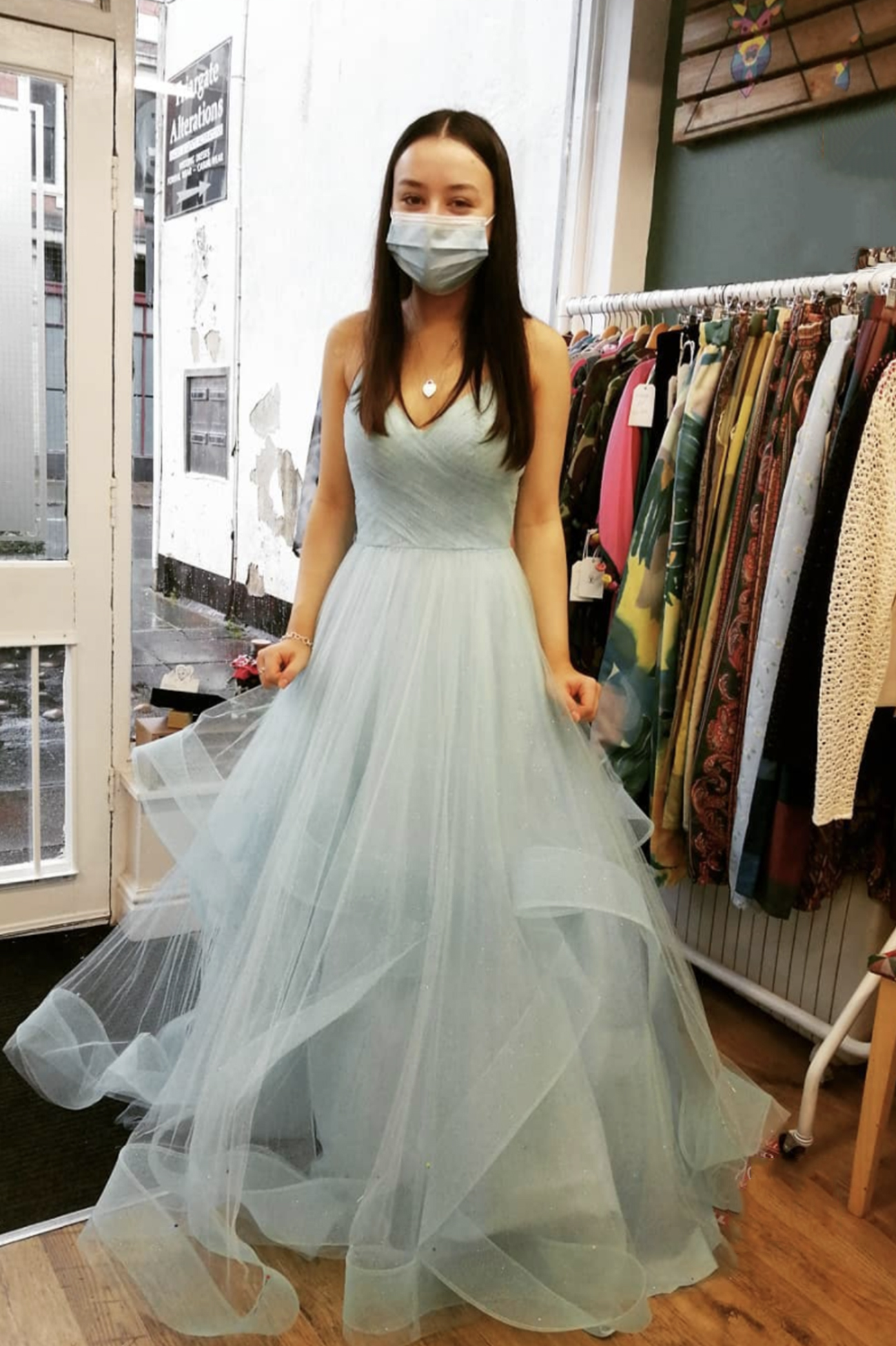 Blue tulle long A line prom dress blue evening dress