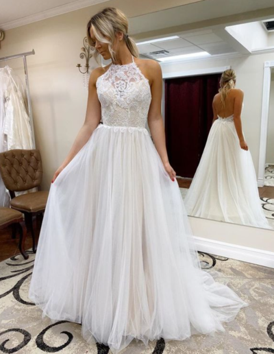 Elegant Backless A Line Ivory Lace Bodice Halter Prom Dress,Weddig Dress