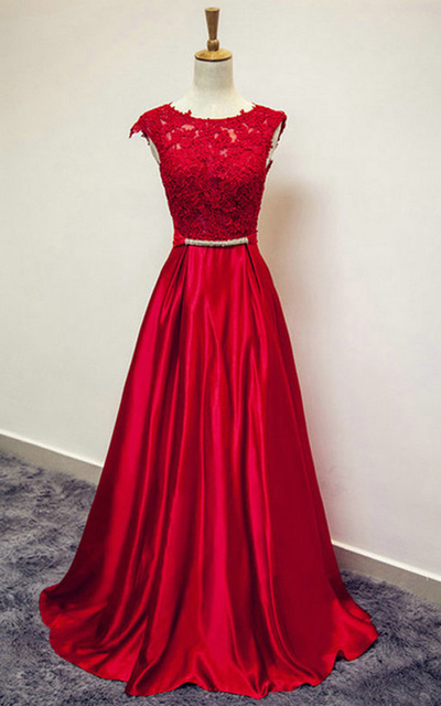 A Line Sleeveless Satin Lace Sashes Dark Red Floor Length O Neckline Long Prom Dress,520