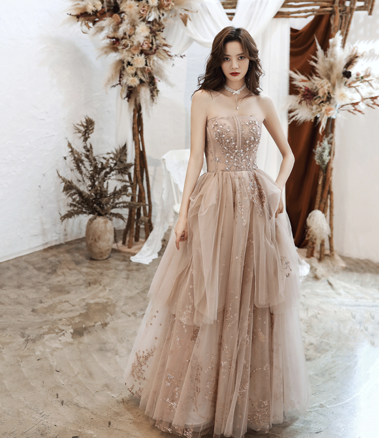 Cute tulle sequins long A line prom dress evening dress