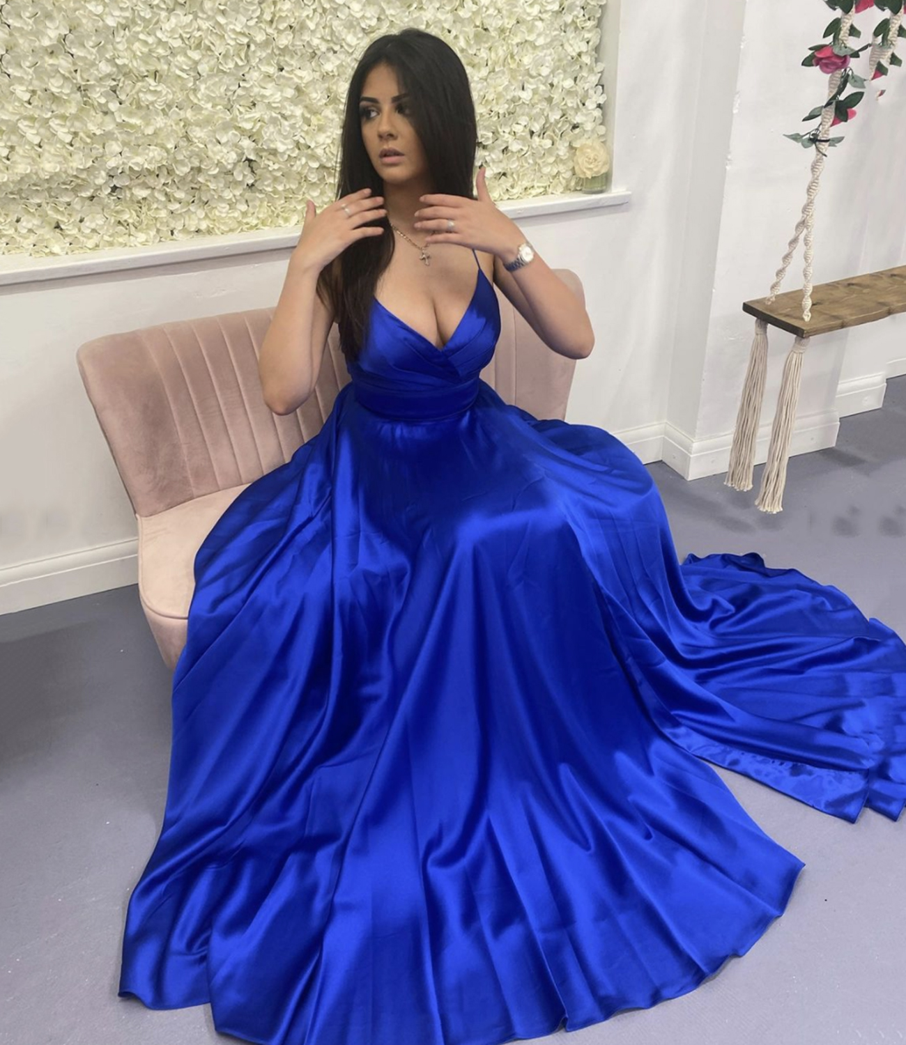 Blue satin long A line prom dress blue evening dress