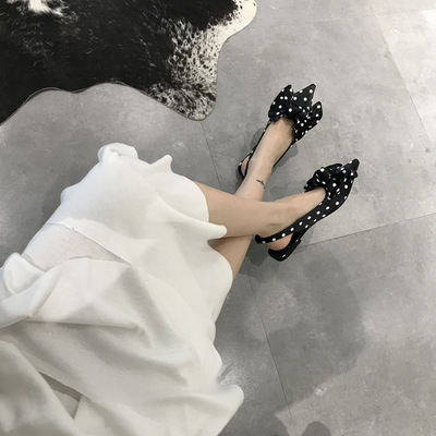 Pointed wave point bow flat sandals and round point half sandals-Black S-422