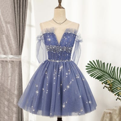 Blue tulle sequins short a line prom dress party dress - Thumbnail 3