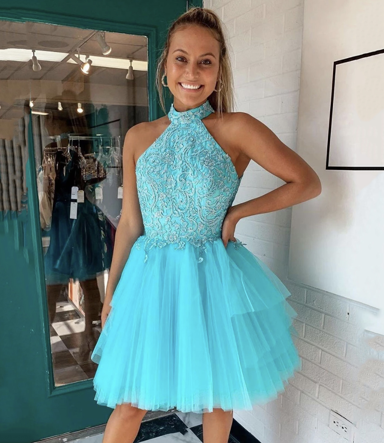 Blue lace short A line prom dress party dress
