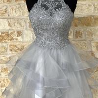 Stylish A Line Halter Grey Short Homecoming Dress with Appliques - Thumbnail 1