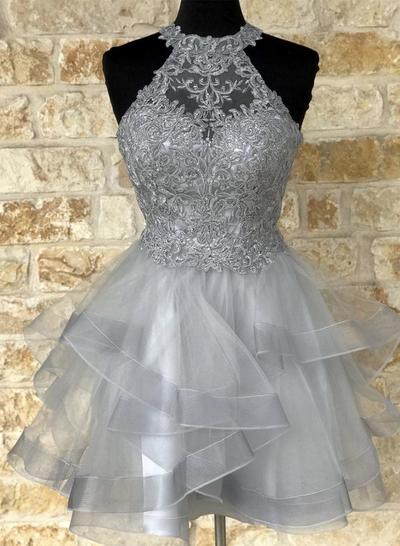 Stylish A Line Halter Grey Short Homecoming Dress with Appliques