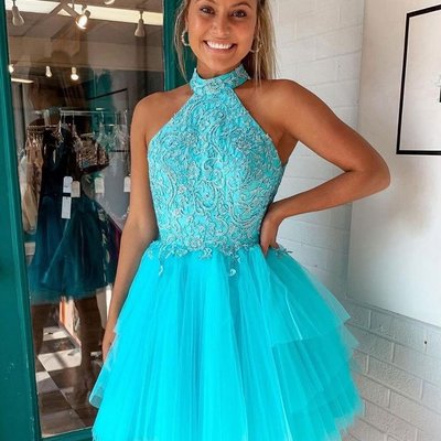Cute a line high neck lake blue short homecoming dress with appliques - Thumbnail 3