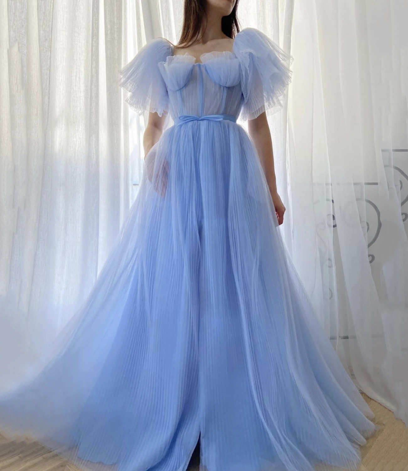 Blue tulle long A line prom dress blue evening dress