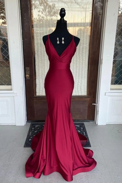 SP1497,Simple Mermaid V Neck Burgundy Satin Long Prom Dresses