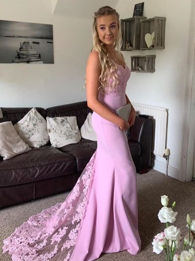 SP1500,Mermaid Sweetheart Pink Elastic Satin Evening Party Dresses with Lace