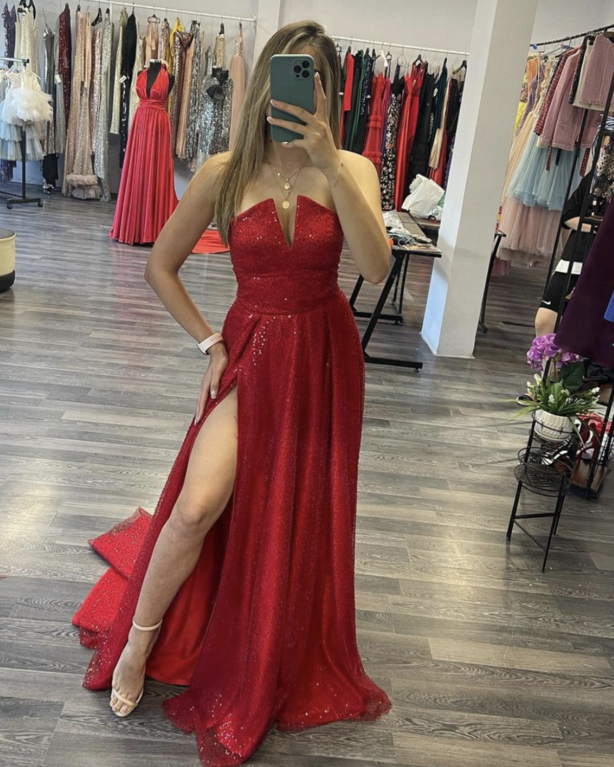 Red sequins long A line prom dress red evening dress