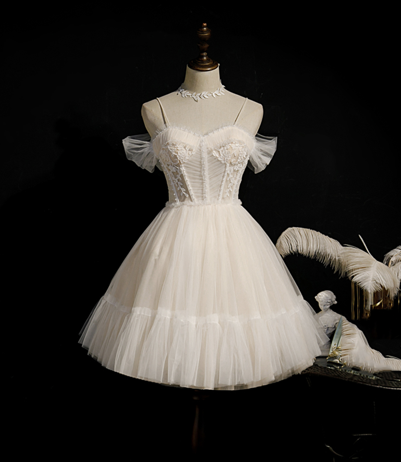 Champagne tulle short A line prom dress party dress