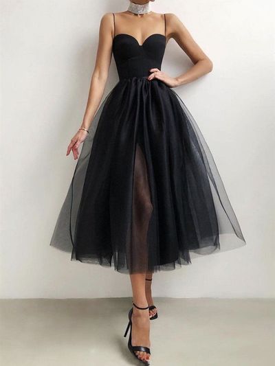 SP1504,Sexy Black Spaghetti Straps A-Line Tulle Homecoming Dresses,Short Prom Dresses with Slit