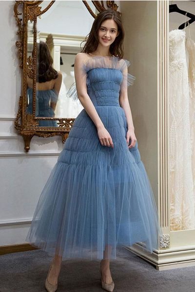 SP1508,Eleagnt Strapless Tulle A Line Tea Length Prom Dress with Pleats