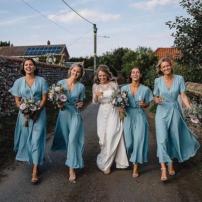 Boho v neck blue chiffon satin wrap bridesmaid dresses - Thumbnail 2