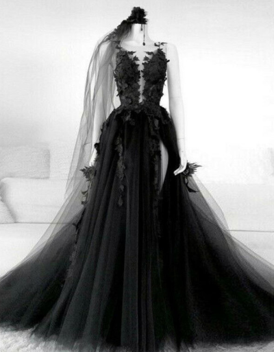 Beauty tulle long prom dress black lace evening dress