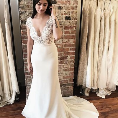 Charming mermaid cap sleeve v neck satin wedding dresses with lace - Thumbnail 2