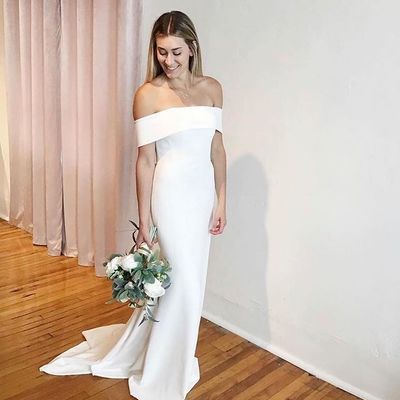 Simple mermaid off the shoulder satin wedding dresses - Thumbnail 4