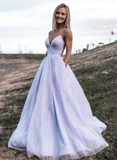 V Neck Backless Sparkly Evening Dresses,sexy prom dress