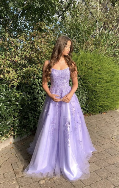 A Line Purple tulle prom dress lace evening dress