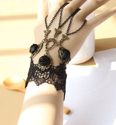 FREE SHIP -GOTH BLACK LACE APPLIQUE ROCOCO VICTORIAN SLAVE BRACELET WITH BLACK SATIN ROSES