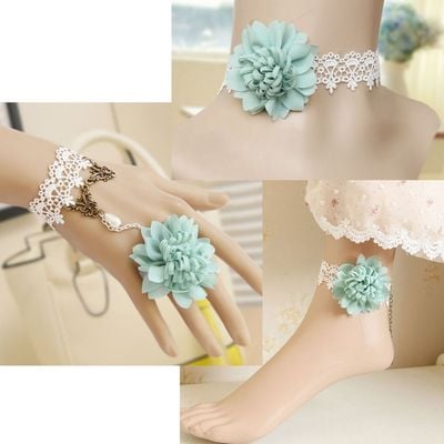 FREE SHIP -WHITE LACE BLUE FLOWER GOTH BEACH NECKLACE SLAVE BRACELET SET ANKLE SET