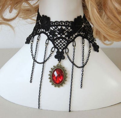 HANDCRAFT BLACK LACE APPLIQUE GOTH EVENING NECKLACE