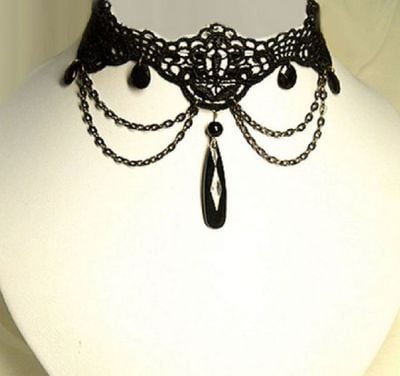 BLACK GOTH LACE CHAIN CHOKER COPPER NECK COLLAR HANDMADE DROPLET CHARM NECKLACE