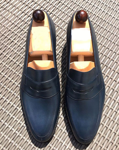 Handmade Men Luxurious Navy Blue Finishing Penny Loafers Formal Dressing Shoes