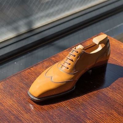 Mens Hand Stitch Customize On Demand Tan Leather Wingtip Formal Lace Up Dress Shoes