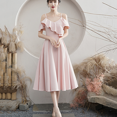 Pink a line short prom dress pink party dress - Thumbnail 3