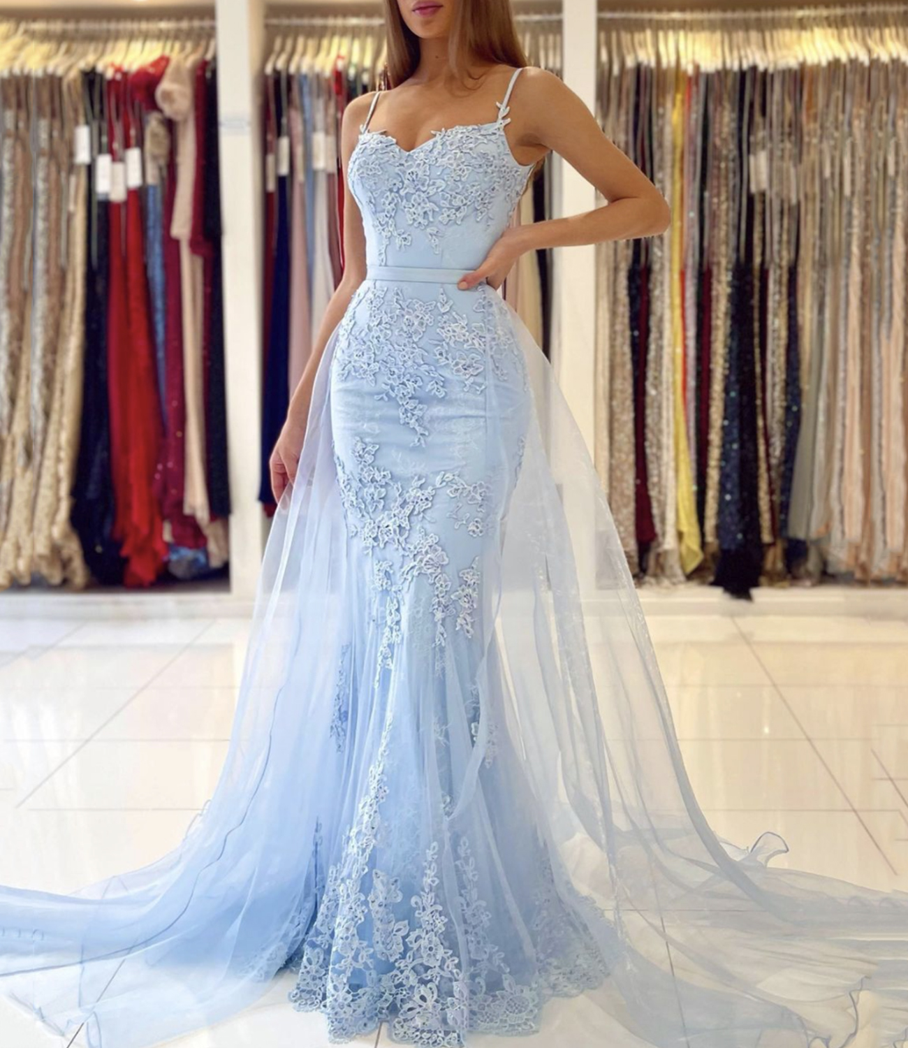 Blue lace long mermaid prom dress evening dress