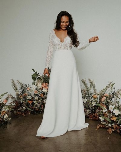 Stylish A-Line Scalloped Neck Long Sleeves Lace Wedding Dresses