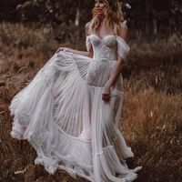 Fairy A-Line Off the Shoulder Tulle Lace Wedding Dresses Boho Bride Dresses - Thumbnail 1