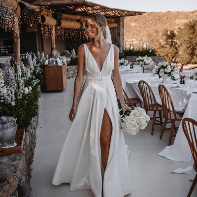 Vintage a-line v neck satin wedding dresses with slit - Thumbnail 1