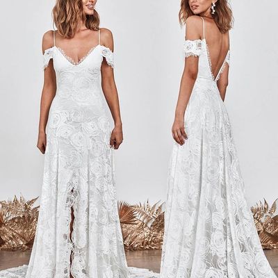 Marvelous a-line spaghetti straps lace boho wedding dresses with slit - Thumbnail 2