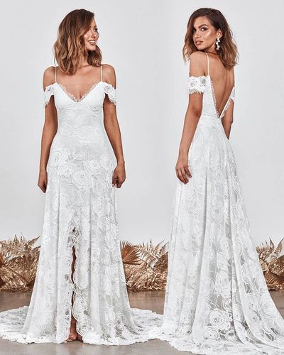 Marvelous A-Line Spaghetti Straps Lace Boho Wedding Dresses with Slit