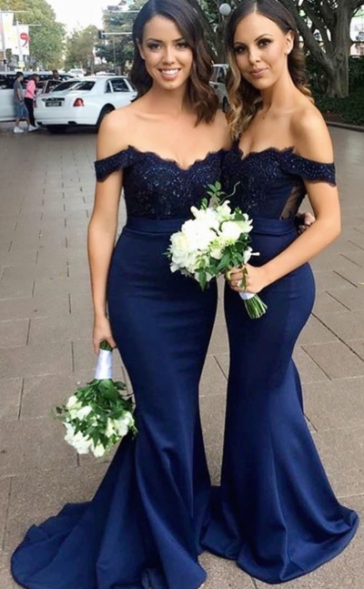 Beauty Off the Shoulder Navy Mermaid Prom Dresses with Appliques