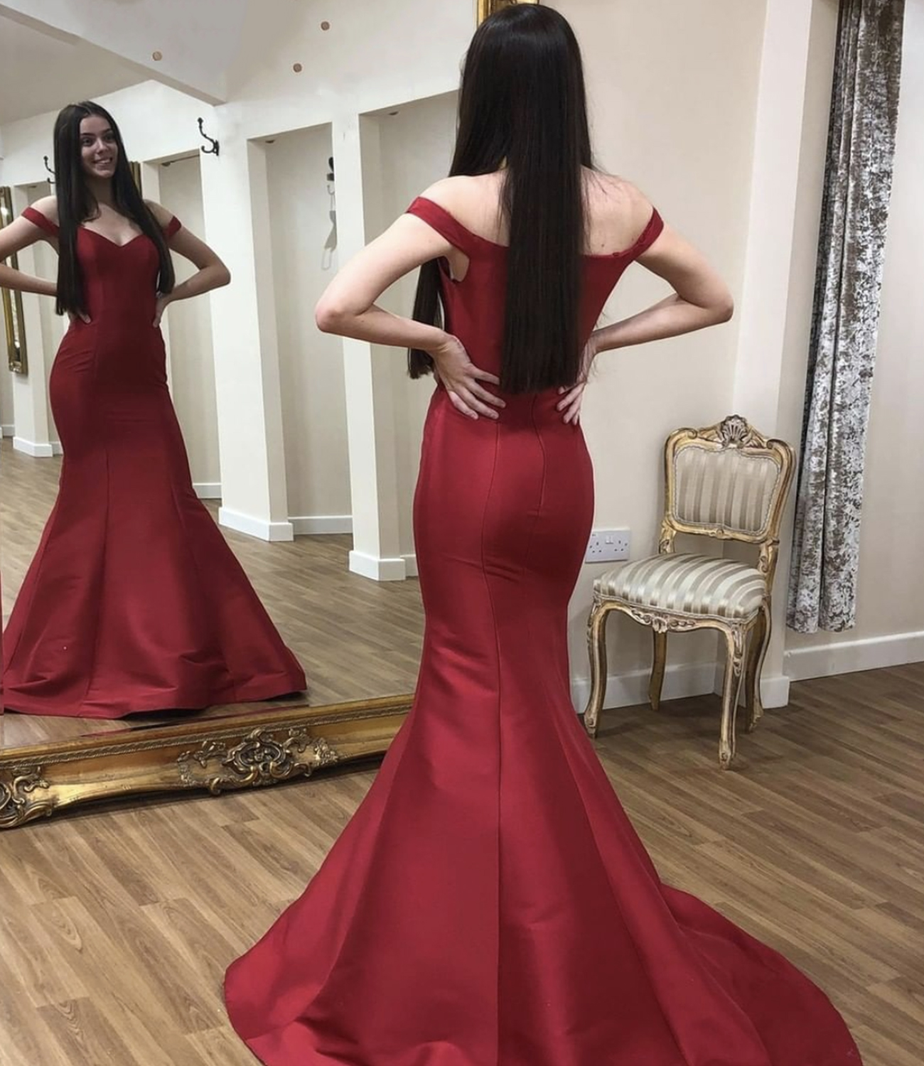 Burgundy satin long prom dress mermaid evening dress